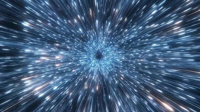 Radial cosmic light trails rushing toward a central point in digital style on dark backdrop, concept of speed and infinity