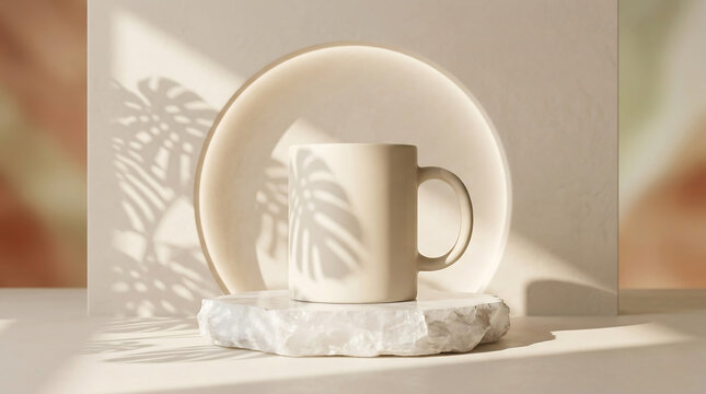 Blank beige mug mockup on stone podium with monstera leaf shadow for aesthetic branding presentation.
