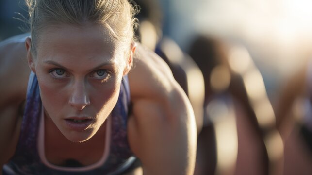 Determined female athlete in intense plank position with focused gaze during outdoor workout