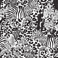 Naklejka premium Zebra graphic seamless pattern. Cactus, tropical plant, banana tree graphic wallpaper.