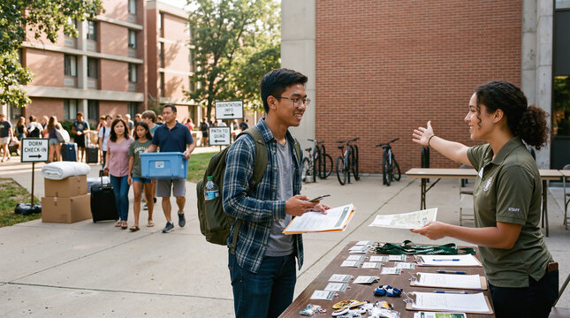 University student orientation registration desk on campus move-in day.
