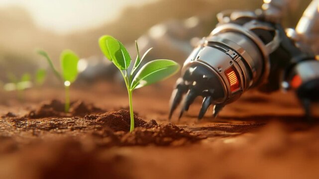 Robotic hand nurturing young plants in sunlit soil
