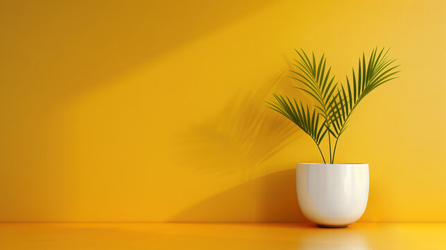 Green palm plant in a white ceramic pot against a bright yellow wall with shadows. Minimalist home decor, modern interior design, vibrant style.