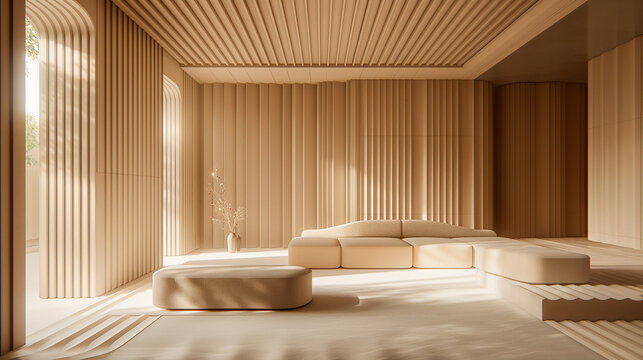 Modern minimalist living room with beige modular sofa and wooden ribbed wall panels. Interior design, luxury home, contemporary architecture.