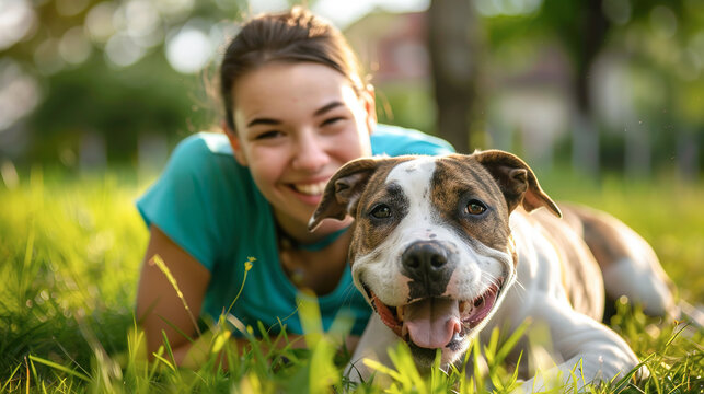 Happy young woman and her pit bull dog lying together on the green grass outdoors. Pet friendship, summer leisure, weekend relaxation.