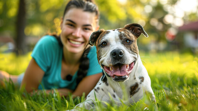 Happy young woman and her spotted  dog lying on the green grass in a park. Pet friendship, summer leisure, outdoor relaxation.
