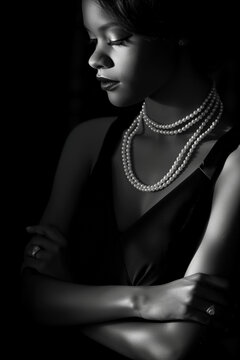 Black and white profile portrait of a young woman wearing a pearl necklace and a black dress. Elegant style, vintage fashion, classic beauty.