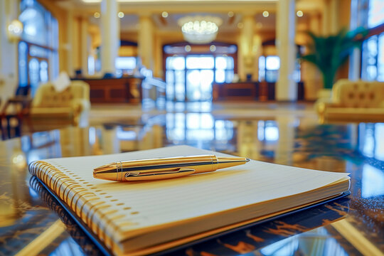 Close up of a gold pen lying on a white spiral notepad on a marble table. Luxury hotel lobby, business travel, interior service.