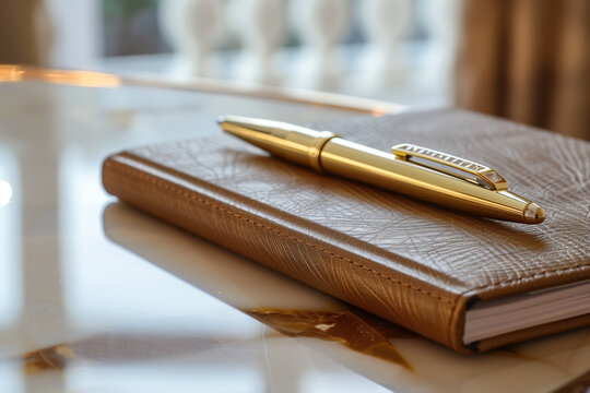Close up of a luxury gold pen lying on a brown leather diary on a marble surface. Business lifestyle, elegant stationery, office accessories.