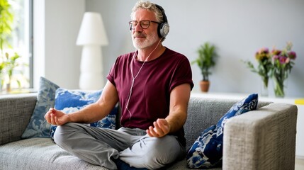 Fototapeta premium Man Sits on Sofa Wearing Headphones While Meditating in a Sunny Living Room With Plants