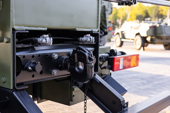 Military equipment and army equipment.. Strong rear towing setup including integrated recovery points and mount. Reinforced towing apparatus designed specifically for military vehicles