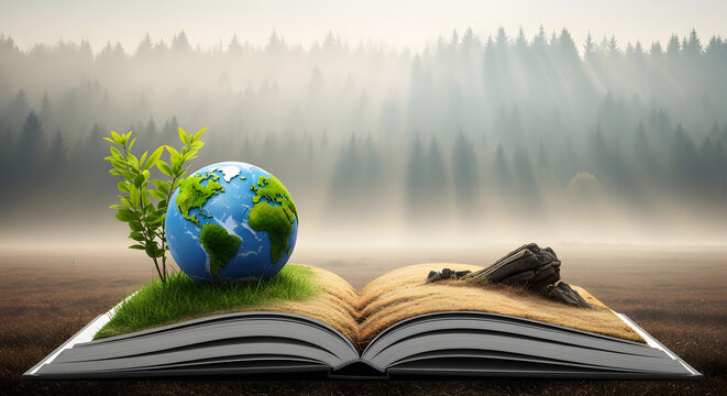 Open Book with Green Earth and Plant vs Dry Land Scene, Climate Change Concept, Environmental Crisis, Sustainability, Global Ecology and Nature Conservation Background