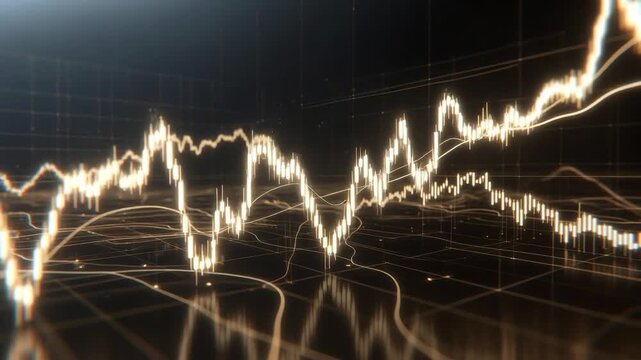 Glowing financial chart lines in digital style on a dark backdrop, conveying a concept of data analysis and market dynamics