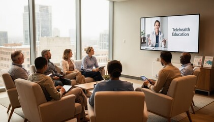 Obraz premium Group of diverse patients engaging in a telehealth education session seated in a modern lounge with a large screen showcasing a remote instructor.