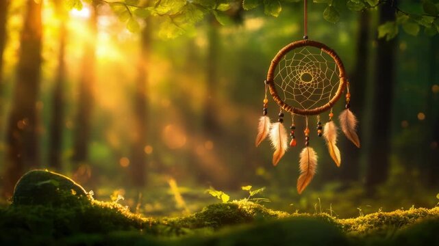 Dreamcatcher hanging in forest, forest's magical atmosphere, catching good dreams, protecting sleeper from nightmares, use for meditation, calming, relaxation, dream background.