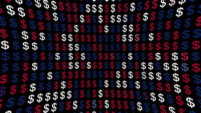 A pattern of flashing dollar signs in American red, white and blue colors. USD currency symbol animation suitable for business, economics and finance projects. Full HD looping animation. 