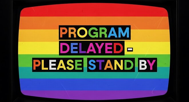 A vibrant retro-style television screen displaying a program delay message with rainbow gradient colors