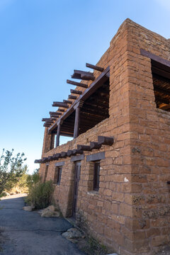 Chief Ranger's Office at Mesa Verde National Park in Colorado. Built by Civilian Conservation Corps (CCC) a major part of President Franklin D. Roosevelt's New Deal. Adobe style, porch, viga. 