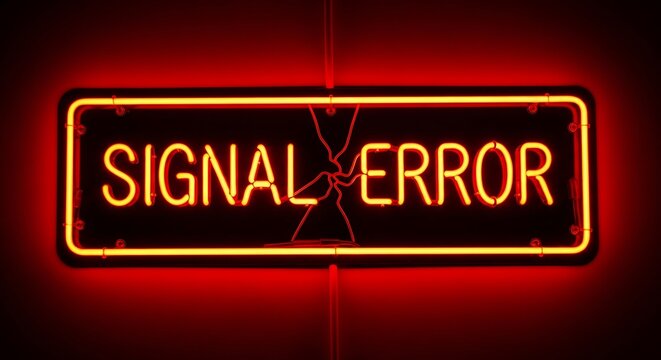 The illuminated neon sign displaying signal error with a crossed-out signal icon for visual communication of technical issues