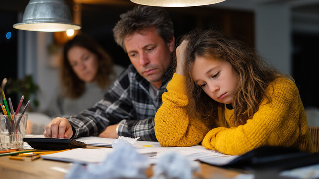 Two fathers helping daughter with math homework at dining table covered in crumpled papers, calculator and pencils scattered, frustration evident in body language under pendant lam
