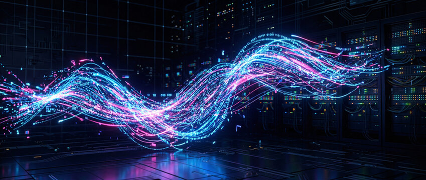 Futuristic server room with digital waves and binary code representing data transmission