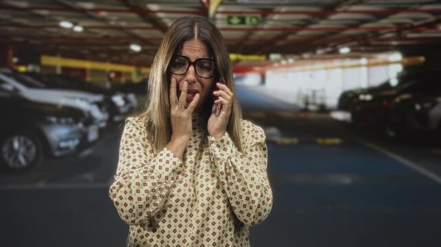 Woman wearing glasses holding phone, hand to mouth crying with fingers on cheek in parking building near cars and concrete pillars; anxiety urgency.
