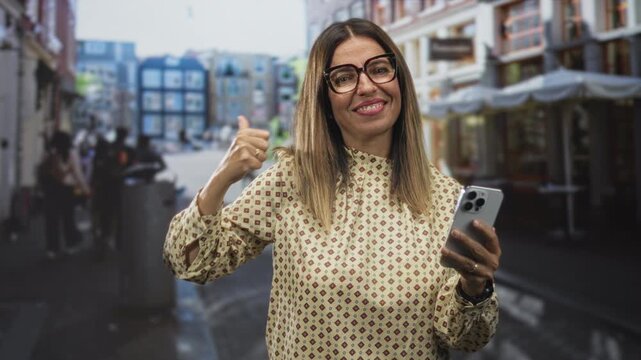 Woman smiling holding smartphone with raised fist gesture on a street with cafes and storefronts; confidence success.