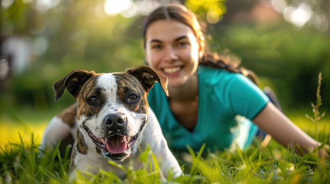 Happy young woman and her pit bull dog lying on the green grass in a park. Pet friendship, summer leisure, outdoor relaxation.