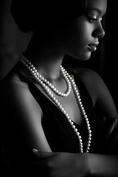 Black and white profile portrait of a young woman wearing a long pearl necklace and a black dress.