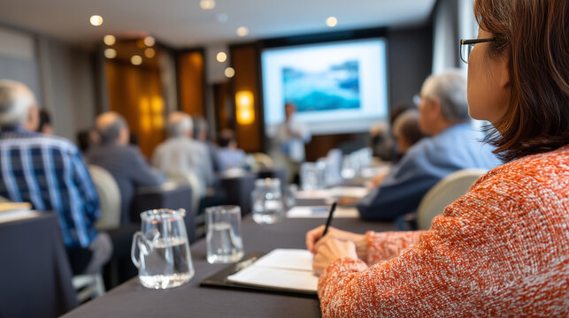 Multicultural seniors attending estate planning seminar in hotel conference room, taking notes while attorney presents slideshow, professional atmosphere with water pitchers on tab