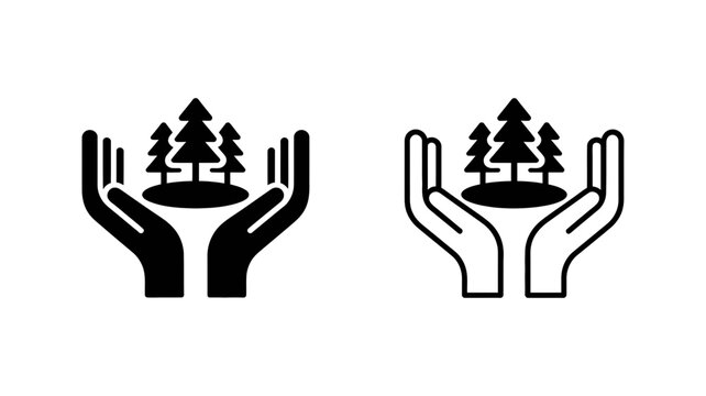 Hands holding a small tree on soil island icon in solid and outlined vector style for reforestation