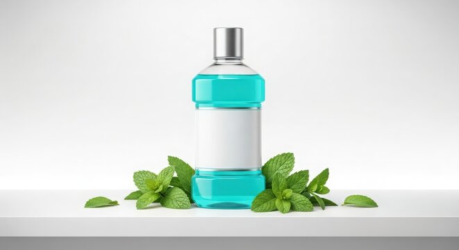 A mint-flavored mouthwash bottle with a silver cap and fresh mint leaves scattered around it.