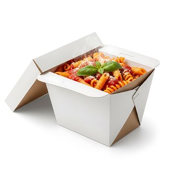 Takeout box with pasta in tomato sauce isolated on white background