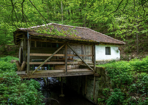 Old abandoned watermill on the Gradac River, in a popular picnic spot near Valjevo, a town in Serbia.
