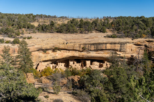 Spruce Tree House at Mesa Verde National Park in Colorado. Protected Ancestral Puebloan site, famous cliff dwelling. Closed due to rock fall danger.