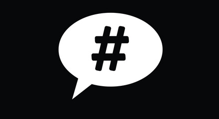 Fototapeta premium A stark white speech bubble contains a prominent black hashtag symbol against a black background