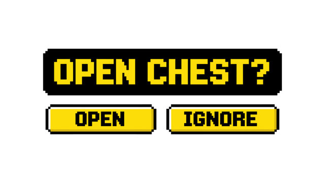 Retro pixel art game menu with open chest options
