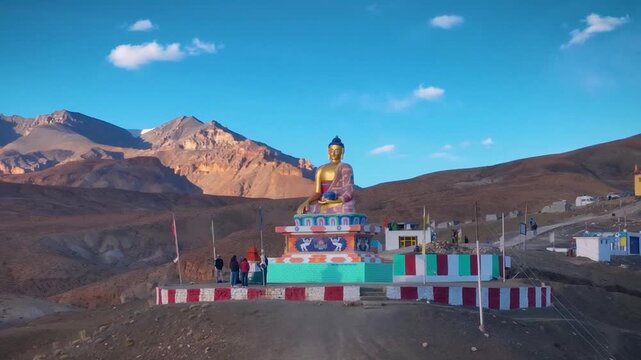 Aerial 360-degree view of a sacred Tibetan Buddhist monument overlooking the Spiti Valley.