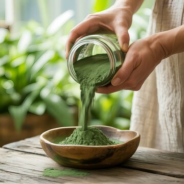 Green powder pouring from jar into bowl with food preparation