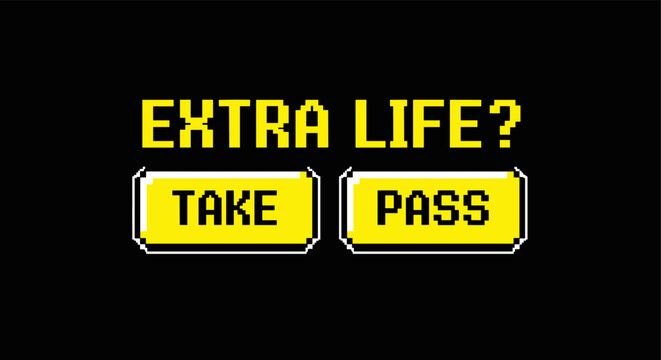 Retro gaming interface with extra life options in pixel art style