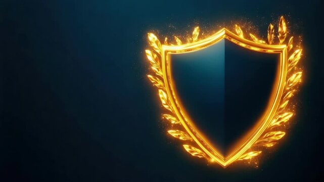 Golden laurel shield emblem with glowing border, shield award for invitation card, design template for greeting celebration, elegant background with copy space.