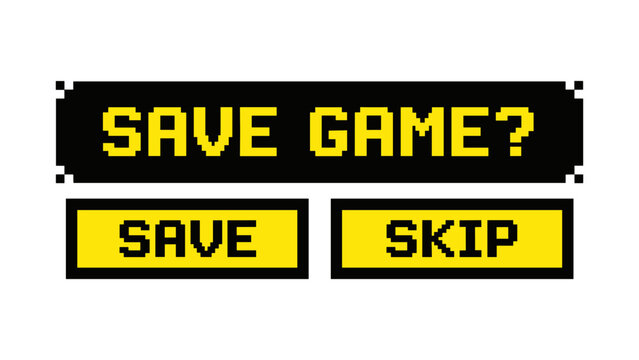 Retro pixel art game menu with save and skip options