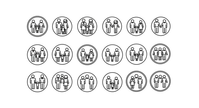 A grid of simple black and white line art icons depicting diverse family units holding hands