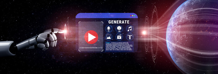 Futuristic Robot Hand Interacting with Digital Interface for Video Generation and Creative Content Production in Outer Space Environment Quark. © InfiniteFlow