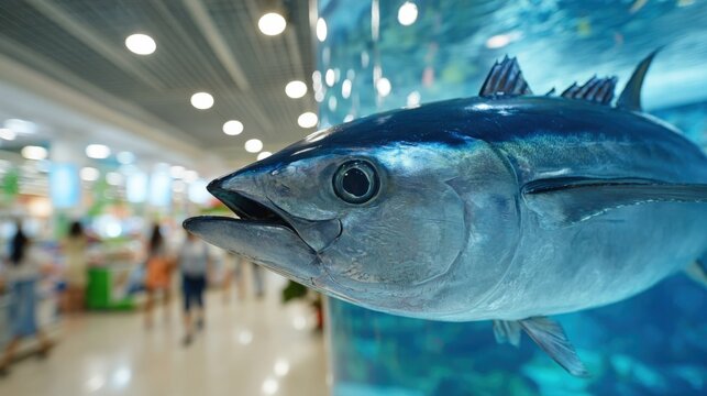 Realistic tuna fish display in bright supermarket aquarium
