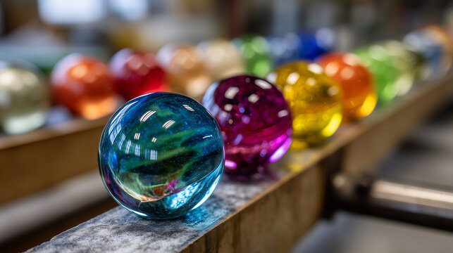 Blown glass ornaments cool on annealing rack, rainbow of transparent spheres catching afternoon light in production studio preparing handmade seasonal decorations, ideal for glassm