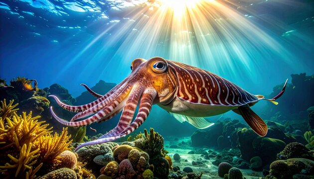 Underwater cuttlefish swimming gracefully, elongated body with striped patterns, tentacles extended, illuminated by light rays in serene marine scene.