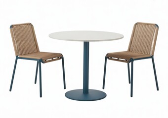 Fototapeta premium Round white tabletop cafe table with teal pedestal base and two woven outdoor chairs with teal frames