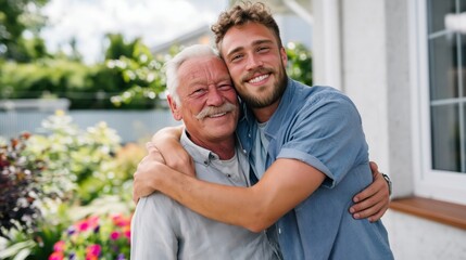 Fototapeta premium Elderly Man Hugs Young Person in Garden During Sunny Day