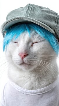 White cat with blue wig and cap, funny dressed pet with personality